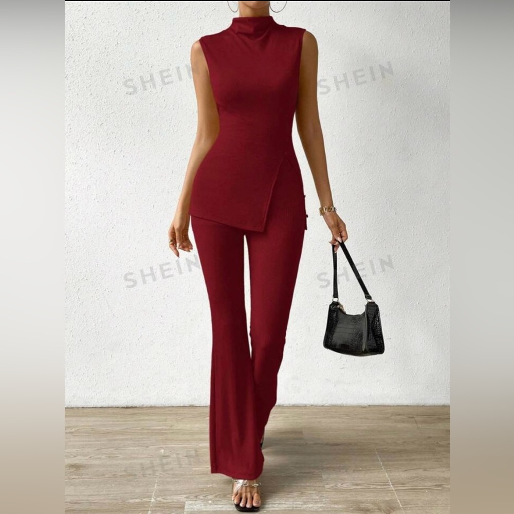 SHEIN Privé Stand Collar Sleeveless Split Hem Top & Slim Fit Skinny Pants Set